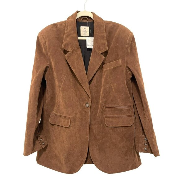 New $198 Free People Paper Cut Faux Suede Vegan Brown Boyfriend Blazer Size M - Picture 7 of 11